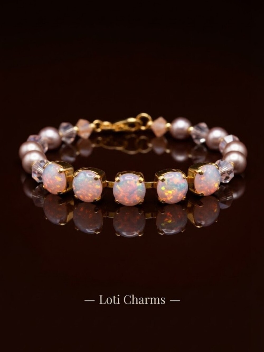 Pink Fire Opal Glass & Rose Opal AB Crystal Beads In Gold Plated Bracelet